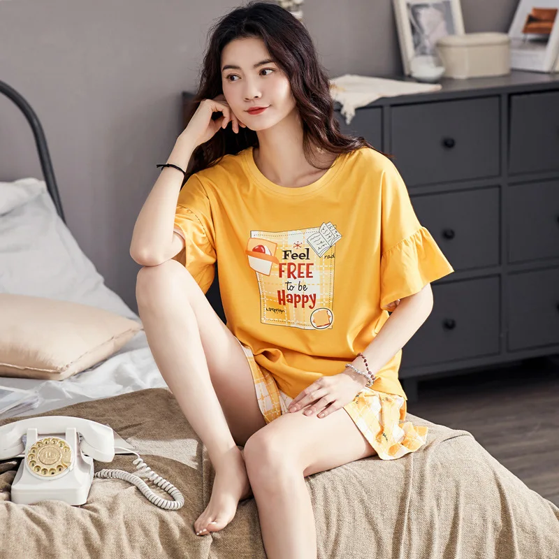 

Pajamas Set Round Collar Women Pyjamas Summer Cute Cartoon Night Suit Cotton Home Wear Casual Nightwear Print Casual Homewear