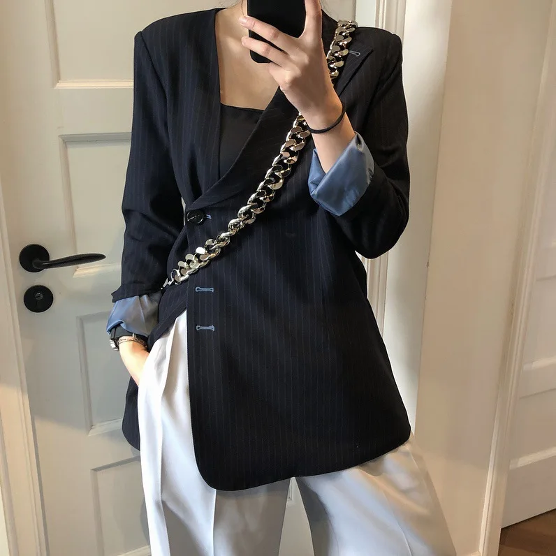 Женский Асимметричный блейзер в полоску Свободный Повседневный Блейзер