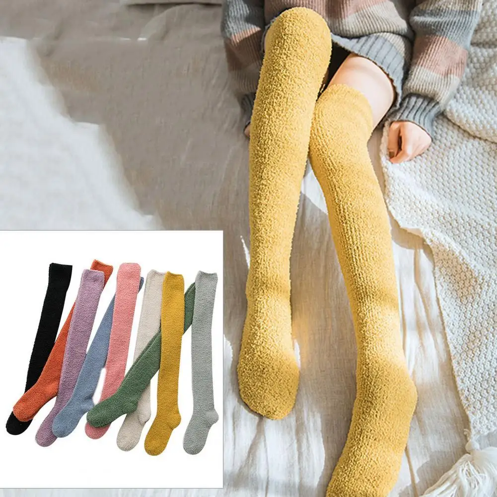 

1 Pair Winter Stockings Breathable High Elasticity Solid Color Warm Thick Coral Fleece Socks for Women