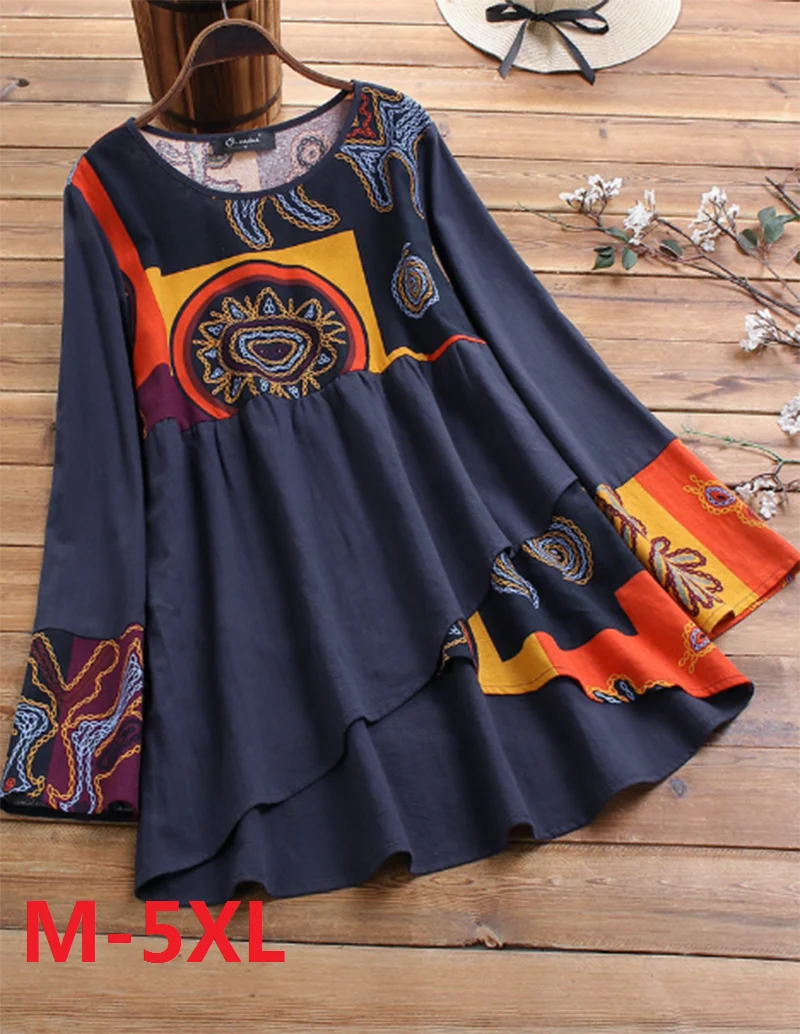 

Women Autumn Multicolor Cotton Linen Blouses Casual Long Sleeve Patchwork Women Tops Clothing Loose Irregular Blouse Tops M-5XL