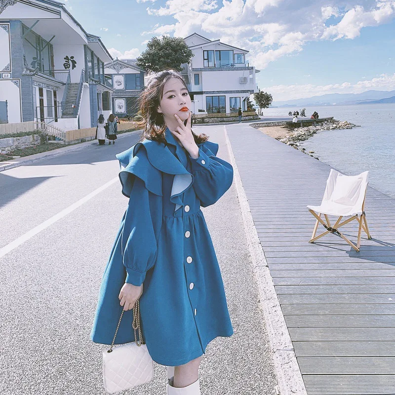 

2021 Autumn Fashion Women Dress Sweet Ruffle Single-breasted A-Line Dress Blue/Pink Loose Women Dress High Quality Streetwear