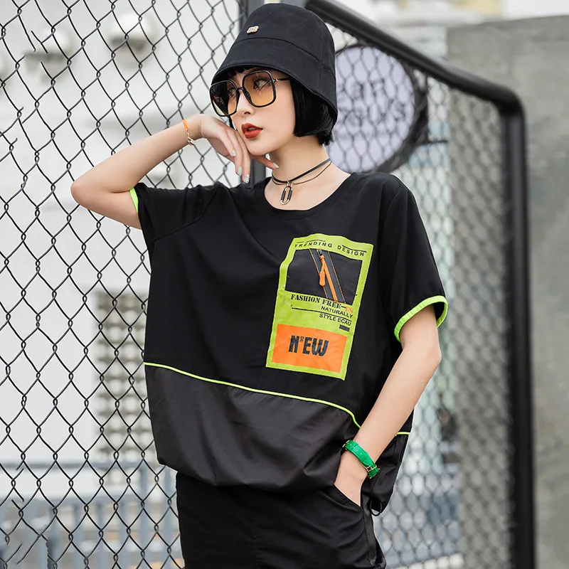 

Vefadisa Letter Printed Women T-shirt 2021 Summer Short Sleeve T-shirt Patchwork Hem Loose Women Top Black Red Green QYF2595
