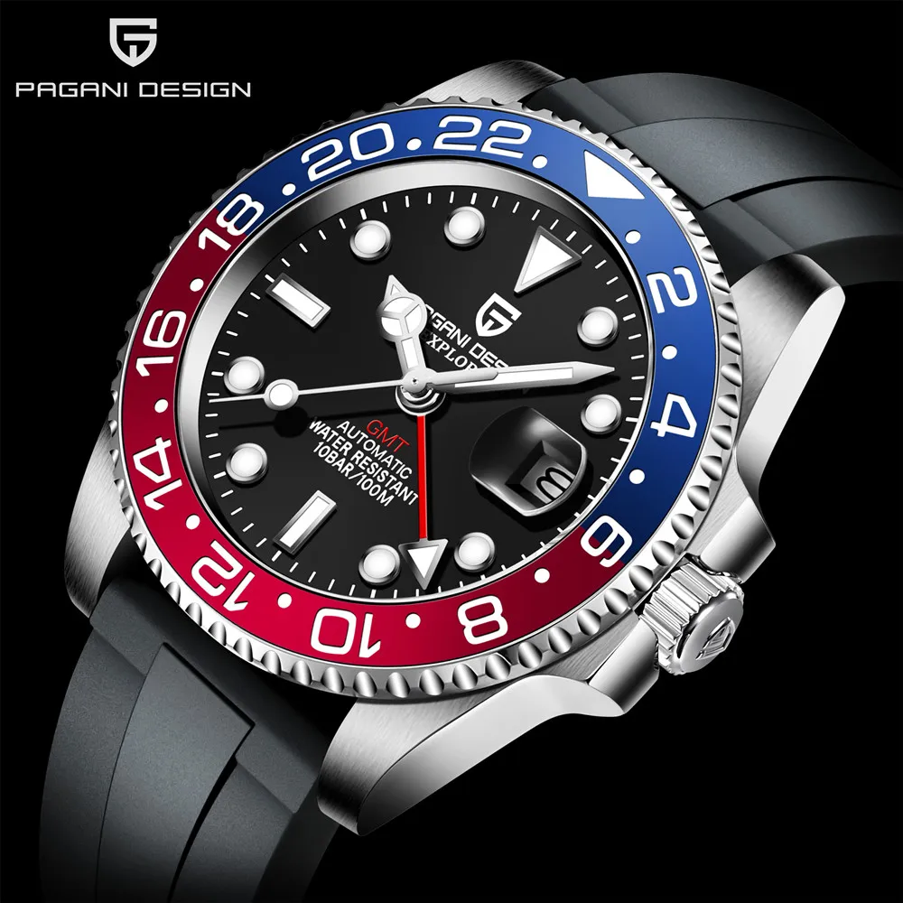 

Часы PAGANI GMT мужские, из нержавеющей стали, с резиновым ремешком и сапфировым стеклом