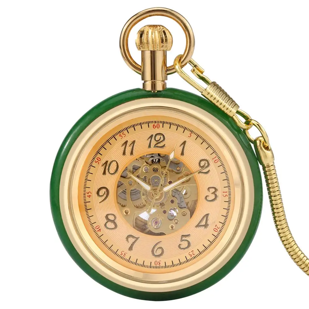 Luxury reloj Unique Jade Golden Automatic Mechanical Pocket Watch Self-Winding Clock Skeleton Dial Jewelry Watch FOB Snake Chain