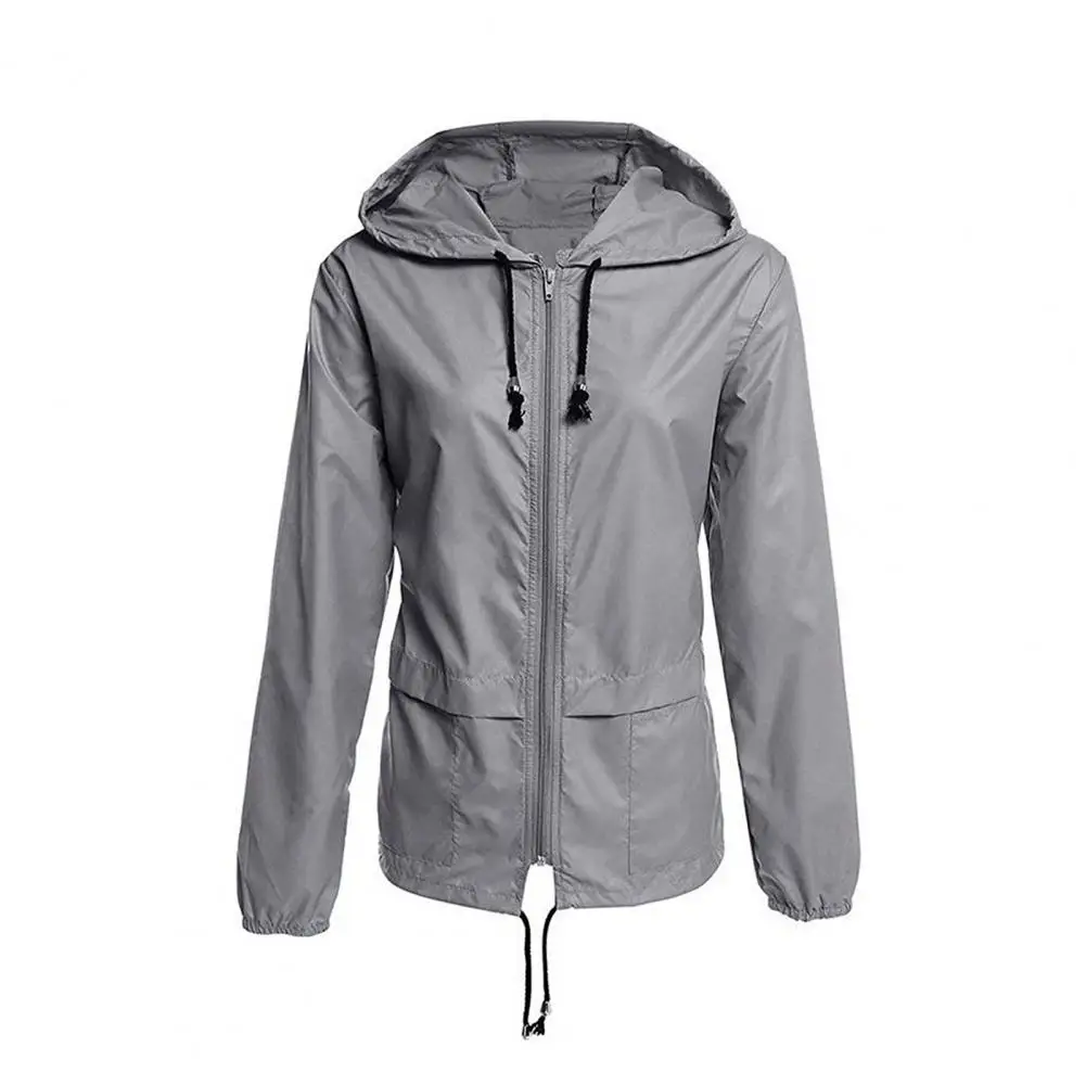 Hooded Jacket Solid Color Drawstring Women Long Sleeve Zipper Pockets Raincoat for Hiking trench coat for women Black xxxl