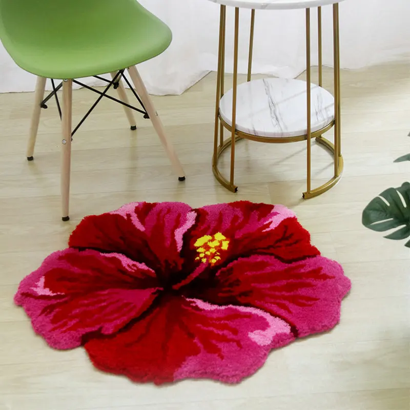 red hibiscus flower flocking rug bathroom bath mat non slip carpet 80x60cm bedroom living room flower shaggy floor pad doormat free global shipping