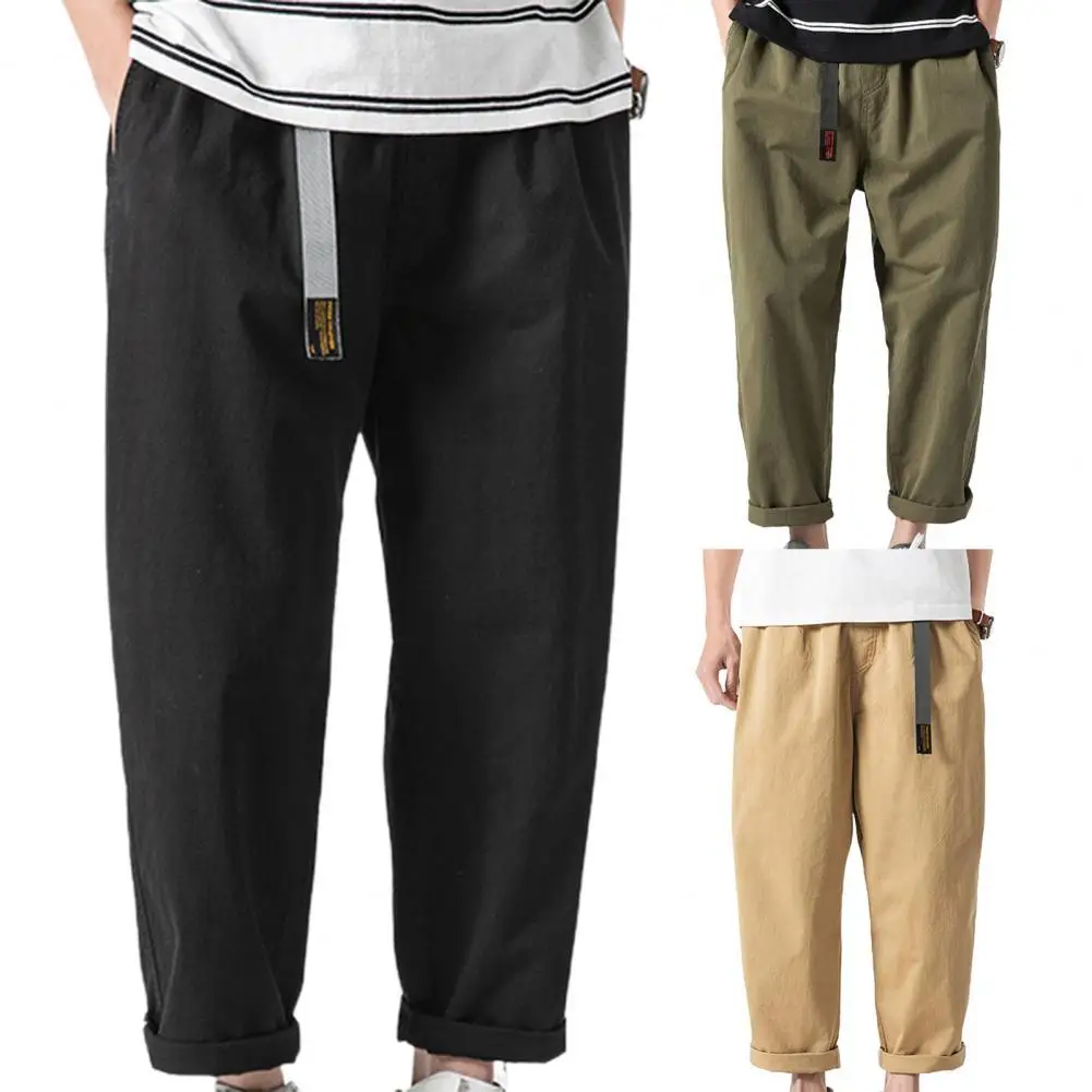 

Summer Pants Men Cotton Blend Solid Color Multi Pockets Belt Lettter Print Men Cargo Pants Harem Pants Sports Streetwear 2021