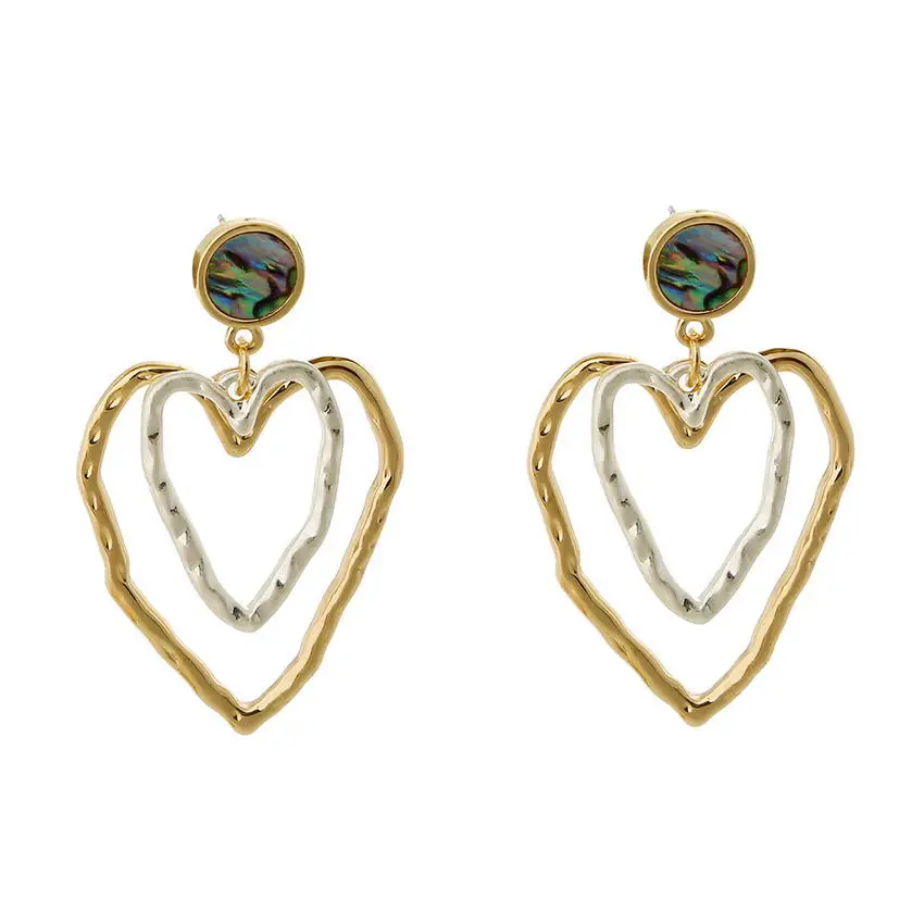 

Layered Two Tone Metal Open Love Heart Drop Earrings for Women 2021 New Earrings Mini Round Abalone Disc Embellished Statement