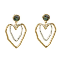layered two tone metal open love heart drop earrings for women 2021 new earrings mini round abalone disc embellished statement