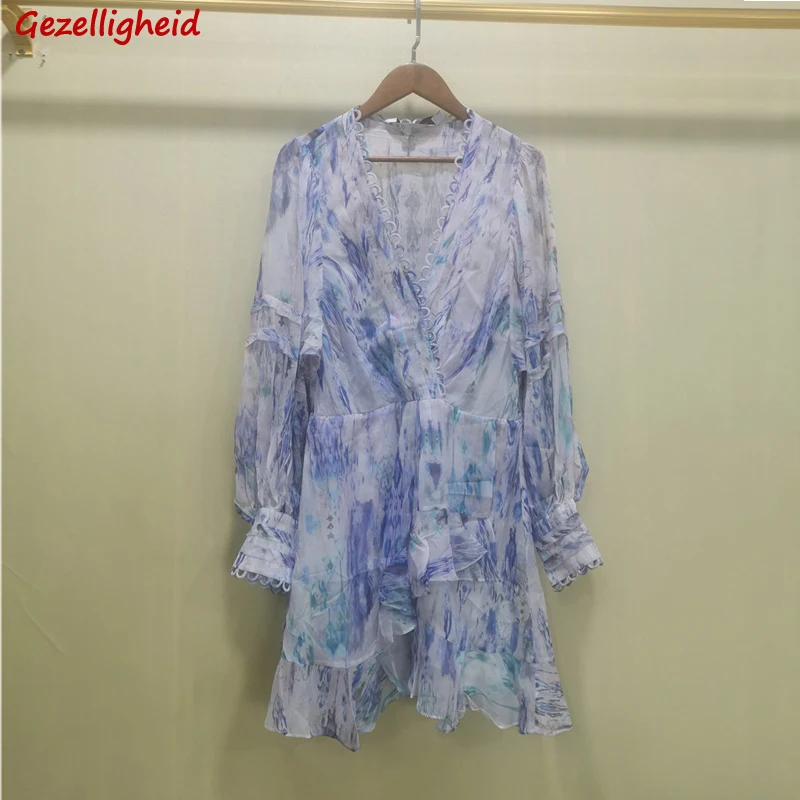 

Gezelligheid Dresses For Women 2021 Summer New Fashion Designer Elegant Printed Lantern Sleeve Ruffled Deep V Sexy Midi Dress