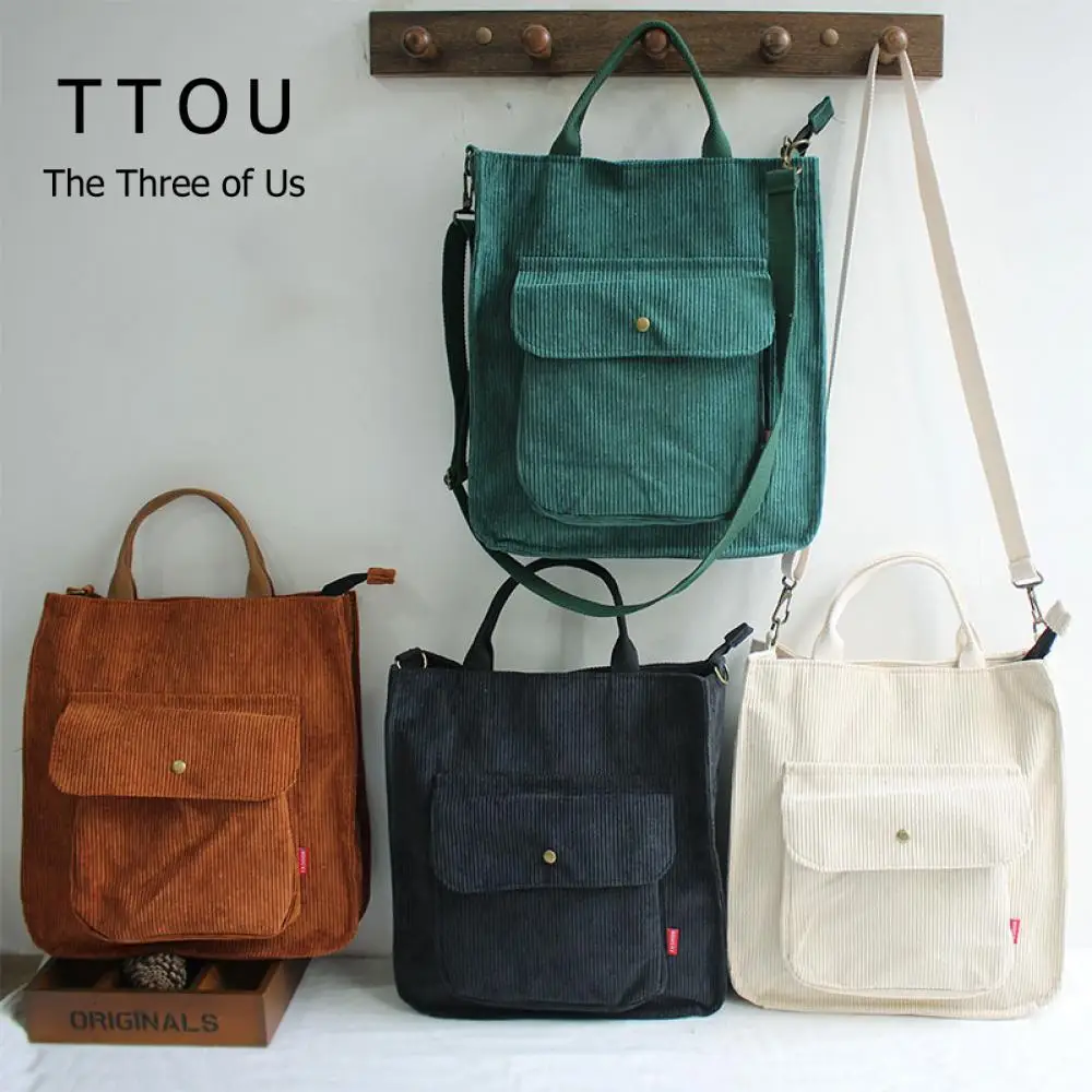 

Corduroy Shoulder Bag Vintage Shopper Bags for Women Bags 2021 Girls Handbags Casual Tote with Outside Pocket Student Bookbag