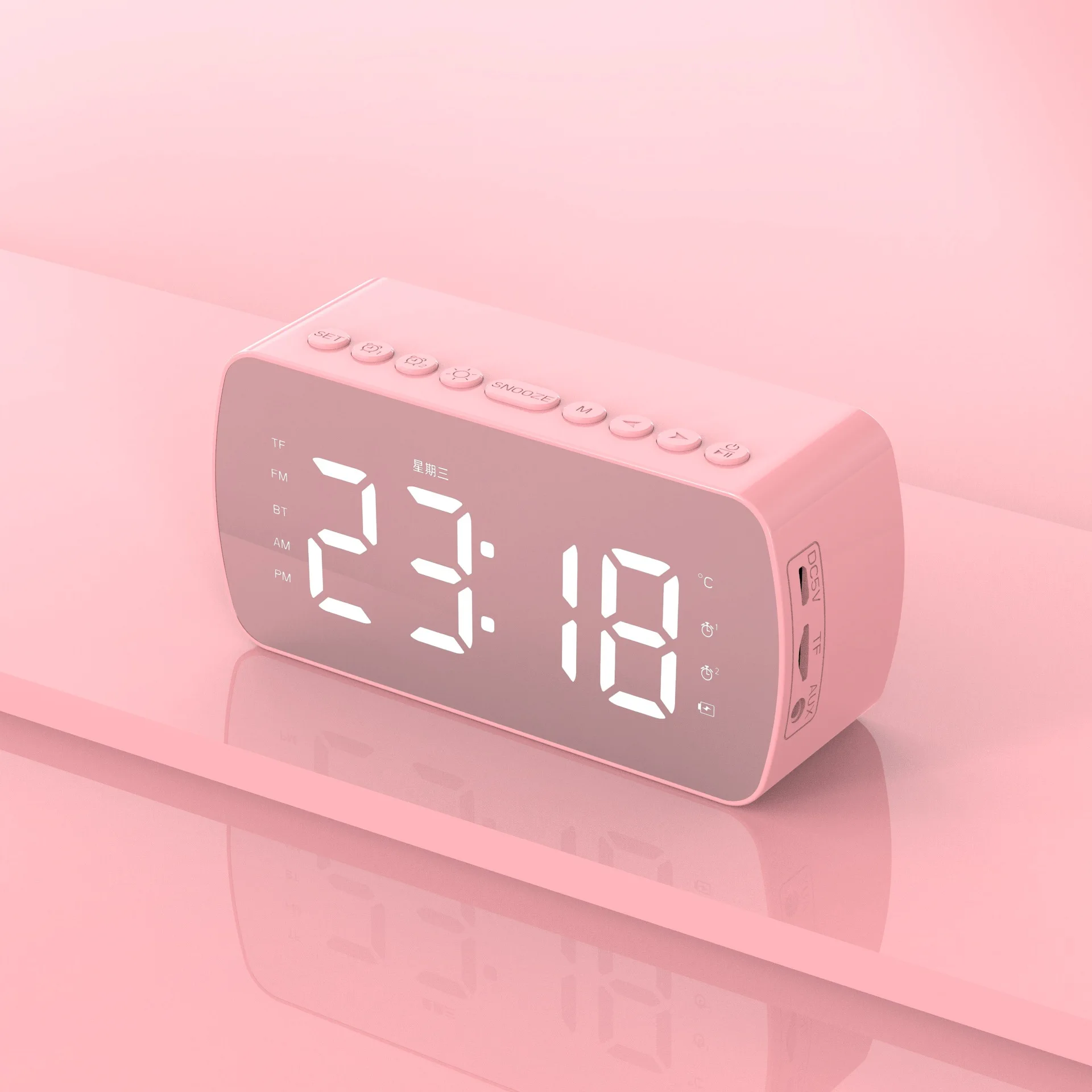 

LED Mirror Digital Wireless Bluetooth MP3 FM Speaker Alarm Clock Built-in Mic Supper Subwoofer Home Portable With Phone Holder