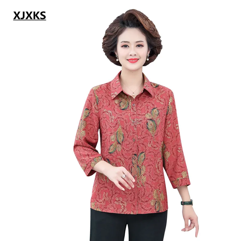 

XJXKS мода воротник с лацканами рукав «три четверти»; Рубашка для женщин топы 2021; Сезон лето-осень; Новые свободные размера плюс кардиган Женская блузка