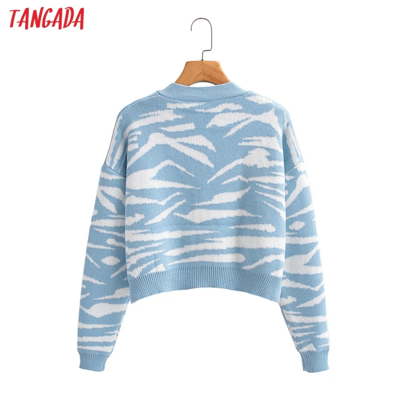 

Tangada Women Elegant Blue Leopard Crop Cardigan Vintage Jumper Lady Fashion Oversized Knitted Cardigan Coat 1F235
