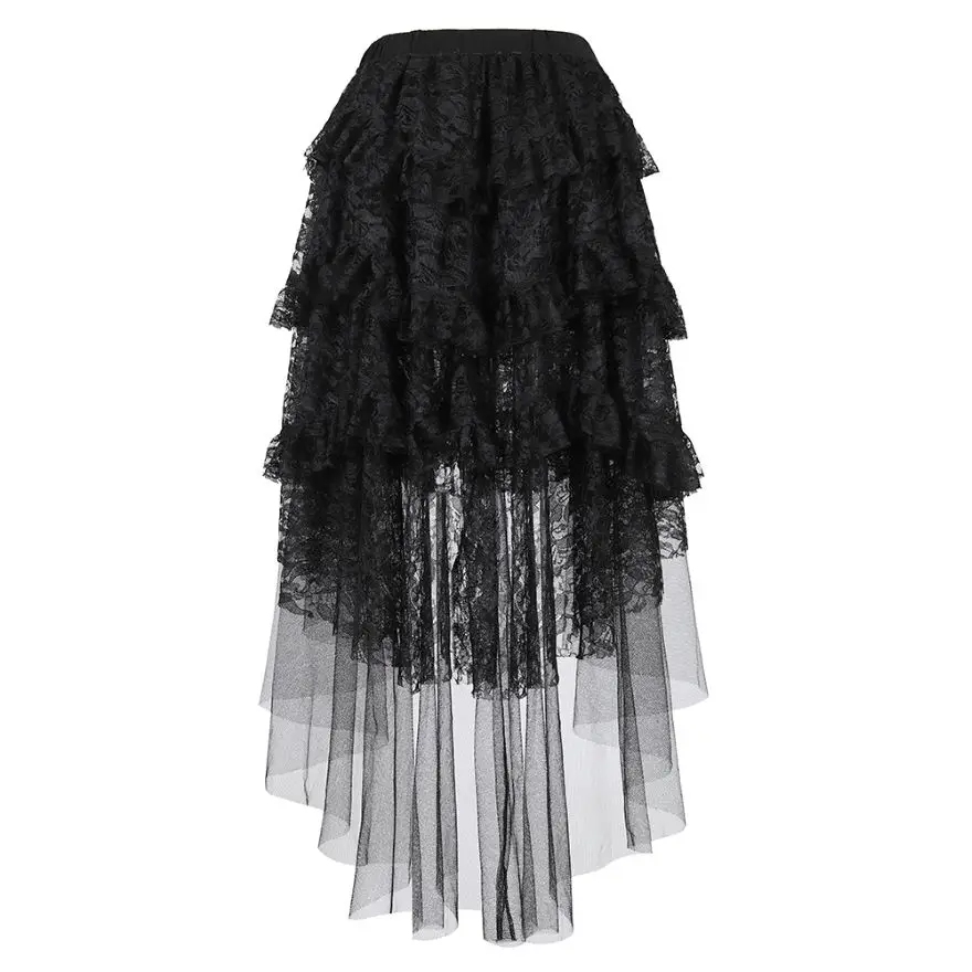 

Women Sexy Lace Layered Pleated Skirt Steampunk Asymmetrical High Low Ruffle Tulle Long Skirts Black Plus Size S-6XL