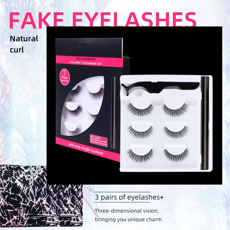 

3Pairs Self Adhesive Eyeliner Eyelashes Eyelashes Kit with Eyeliner & Tweezers Reusable Waterproof False Lashes Makeup Eyelashes