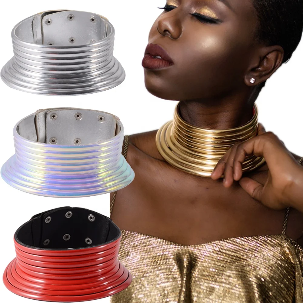 

1Pcs Vintage Leather Necklaces Bracelets Oversized Indian Jewelry Women Set Africain Statement Choker Gold Steel Red Color