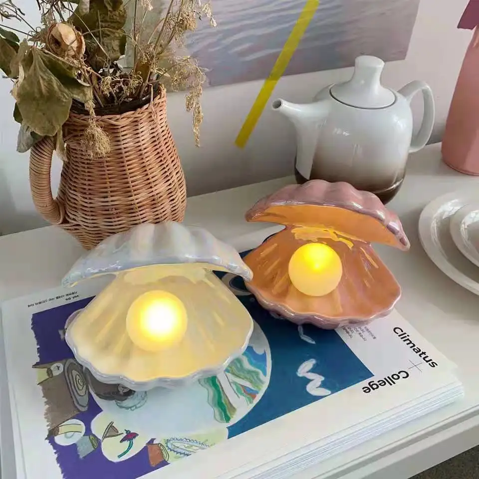 

Nordic Creative Shell Small Night Lamp Bedroom Bedside Pearl Lamp Girl's Heart Dream Ceramic Lamp Desktop Decoration