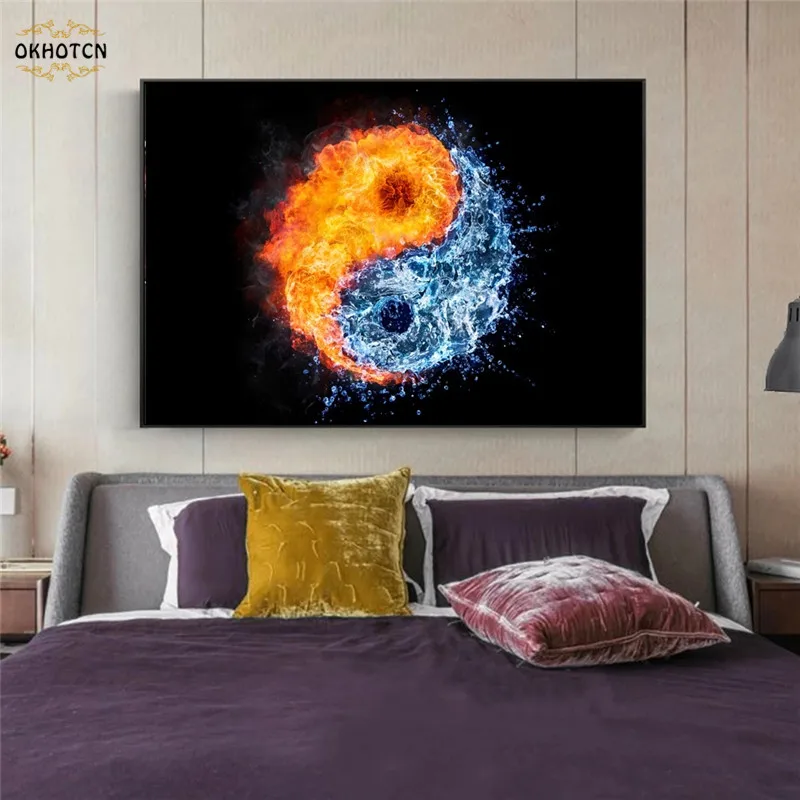 Плакат тайчи, Картина на холсте с огнем и водой, настенные художественные принты, поп-арт, Инь и Ян, настенные декоративные картины, винтажный домашний декор