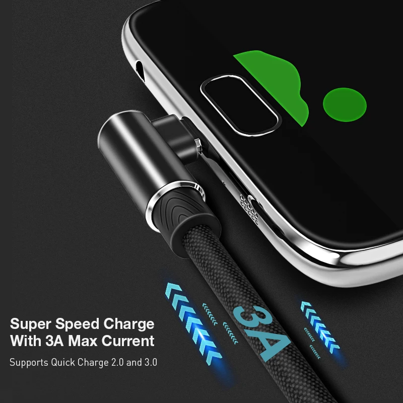Кабель Micro USB 3A для быстрой зарядки шнур с углом 90 градусов нейлоновый плетеный