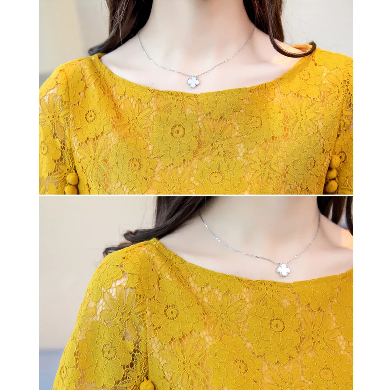 с длинным рукавом круглым вырезом и вышивкой Женская белая кружевная блузка 2019