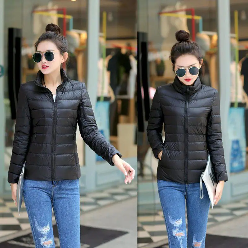 

2019 Autumn Winter Jacket Women Long-sleeved Cotton Stand Collar Jacket Cotton Solid Color Casual Short Light Down Zipper Coat*