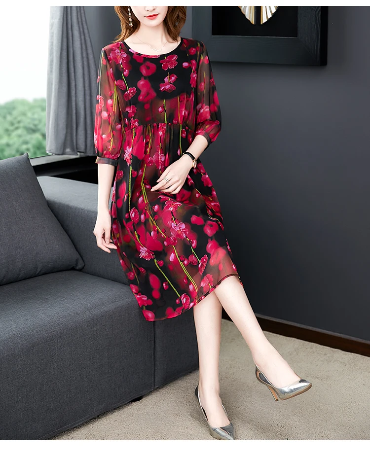Elegant Female Vestidos Real Silk Dresses 2020 New Summer Vintage A-line Print Dress Loose O-Neck Short Sleevele | Женская одежда