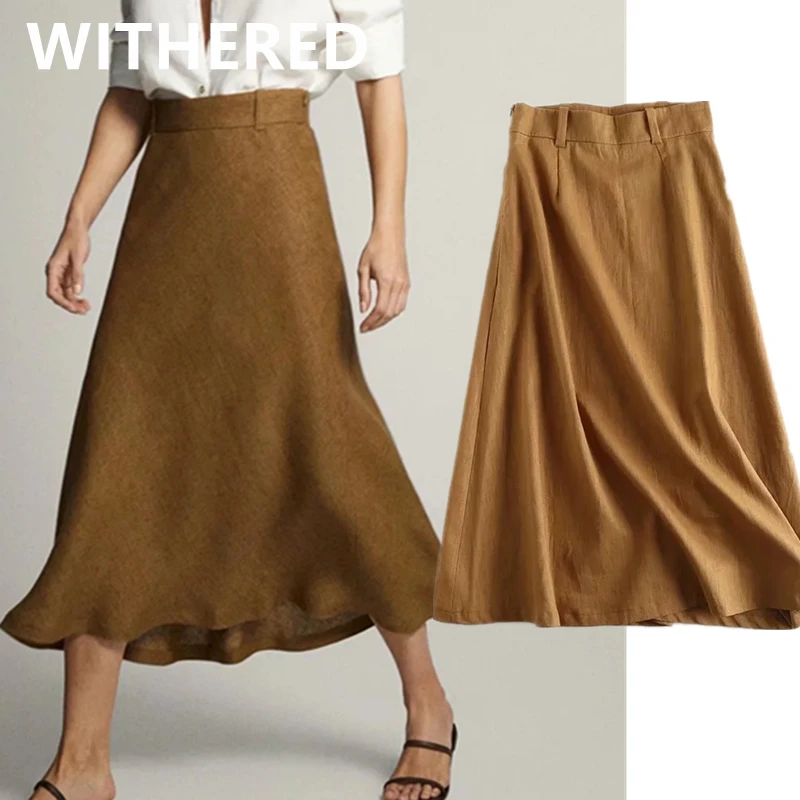 

Withered england office lady indie folk simple linen high waist A-line midi skirt women faldas mujer moda 2020long skirts womens