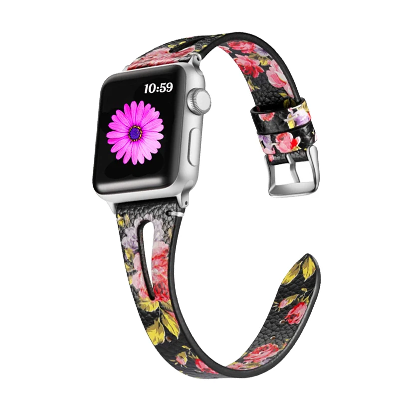 Black Pink 1 С цветочным узором ремешок для apple watch, ремешок 42 мм, 38 мм, ремешок для наручных часов iwatch, Версия 44 мм 40 мм Series 5/4/3/2/1 кожаный ремешок correa спортивный браслет - Цвет ремешка: Black Pink 1