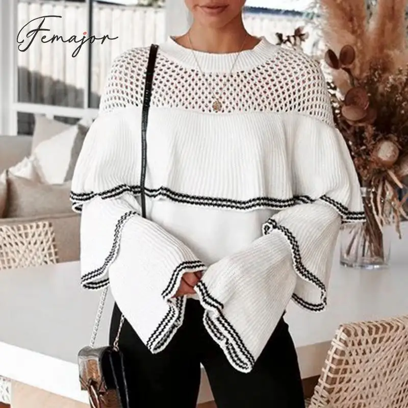 Femajor Women Fashion Hollow out Ruffle Knit Tops Female 2019 Autumn Winter Long Sleeves Jumper Sweater White Lady Pullover | Женская
