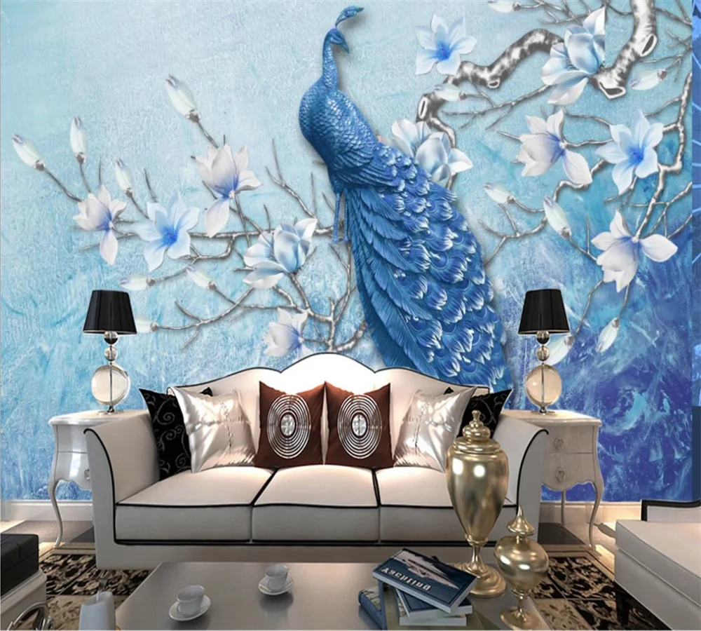 Пользовательские 3D обои роспись новый китайский рельеф синий павлин Магнолия