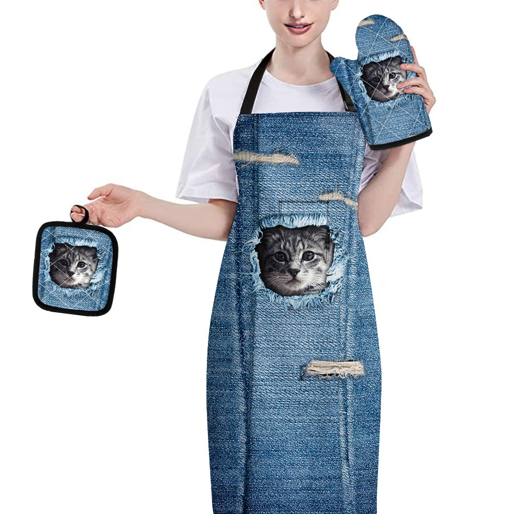 

Denim Fabric Animals Print Baking Gloves Mat Heat Resistant Cook Tools Home Non-slip Mats with Clean Apron 3pcs Kitchen Supplies