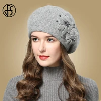 fs winter hats for women beanie rabbit fur 2020 warm knitted hat flower double layers warm beret snow caps gorros femme