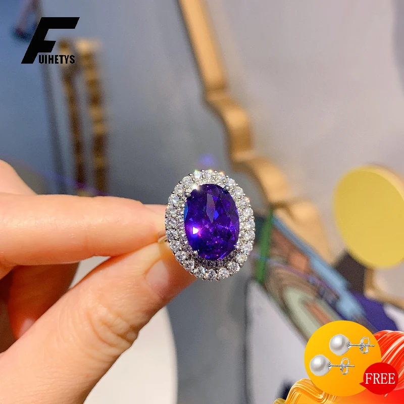 

FUIHETYS Ring Silver 925 Jewelry with 10*14mm Amethyst Zircon Gemstone Oval Shape Open Finger Rings for Women Wedding Party Gift