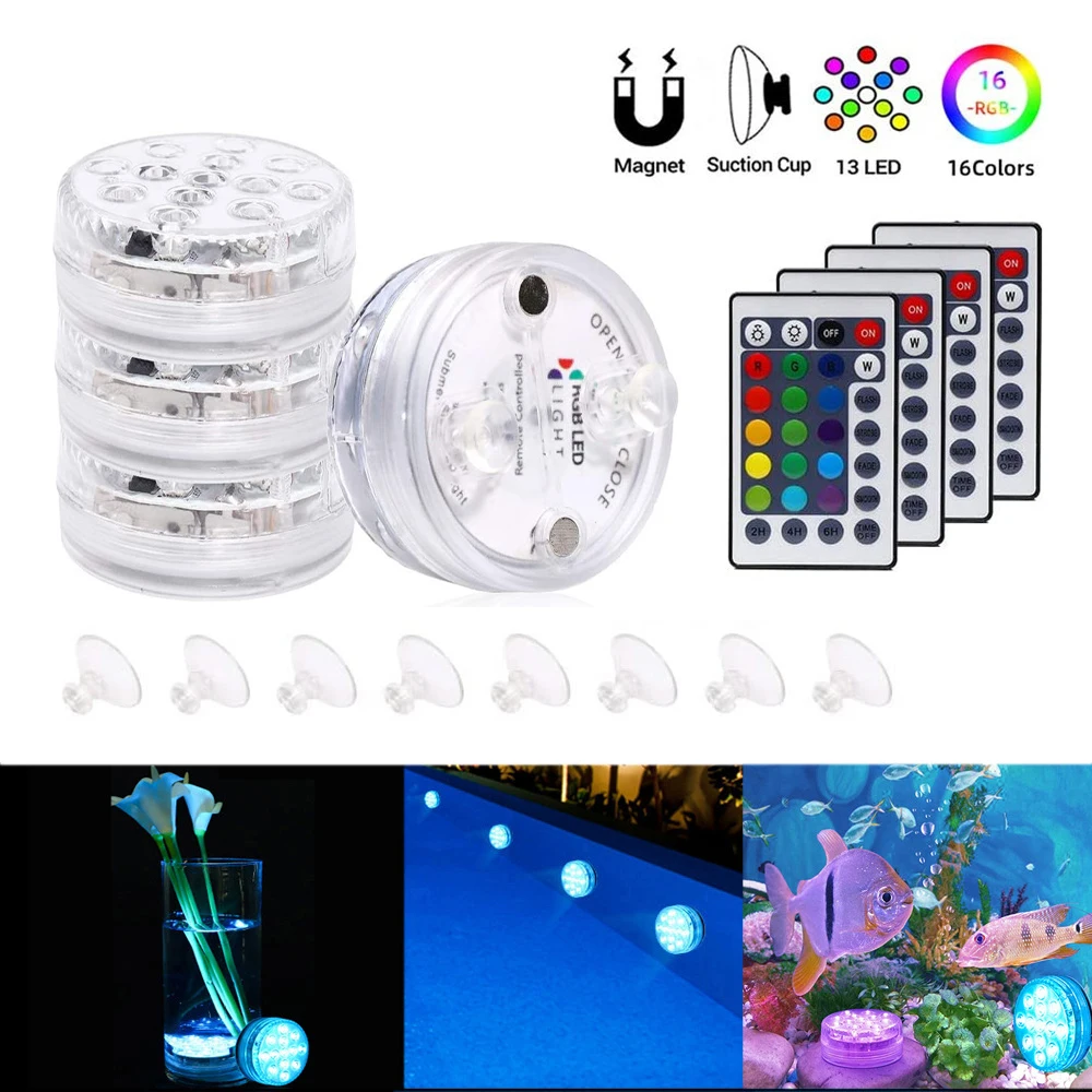 Lâmpadas com Ventosa para Lagoa Submersível Controle Remoto Rgb 16 Cores Piscina Subaquática Noite Fonte 13leds Luz