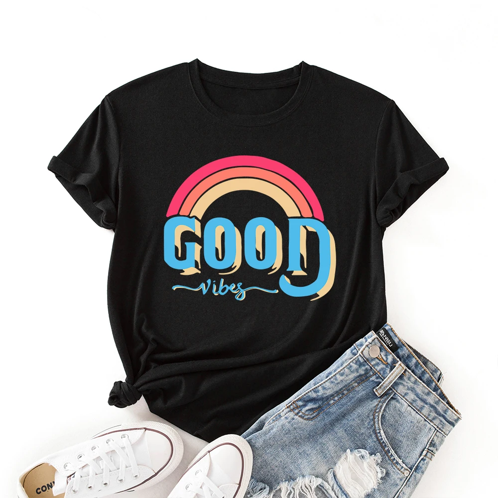 

Women Crew Neck Short Sleeve Casual Summer Cotton T-shirts Good Vibes Letter Graphic Tee Shirts Tops Female Clothes Shirt