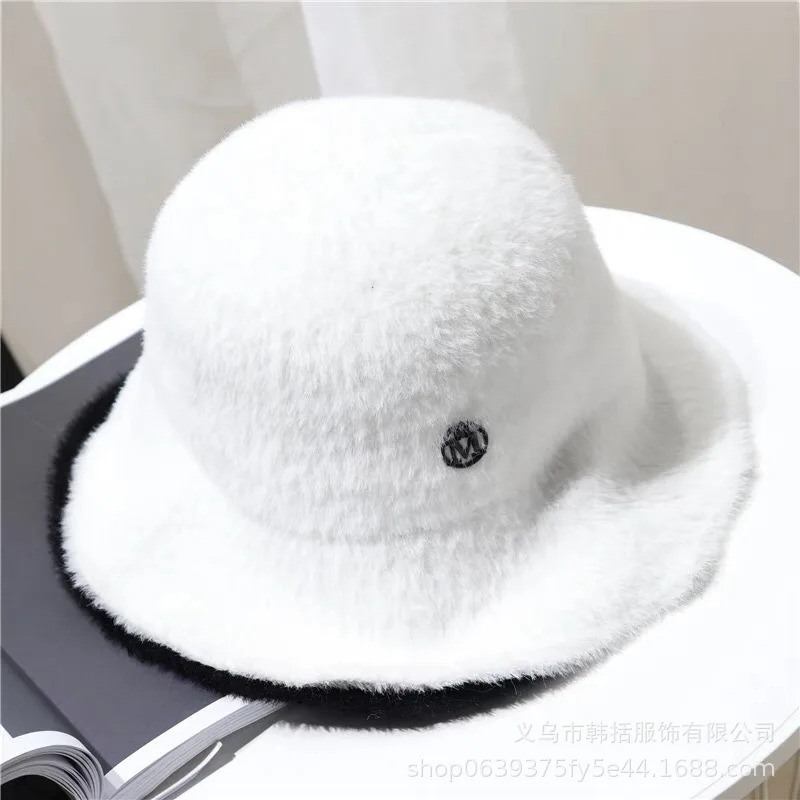 Women Autumn Winter Fashion Plush Warm Faux Mink Letter M Bucket Hat Standard Hat Bob Female Girls Fur Fisherman Hat Panama