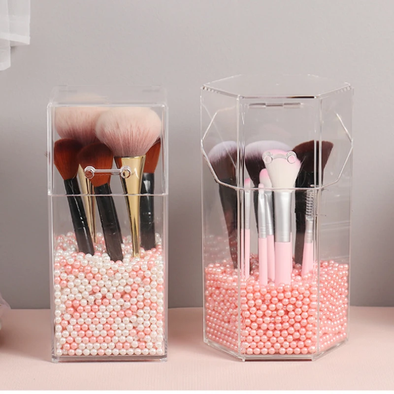 

Cosmetic Brush Container Pearl Cosmetic Brush Holder Transparent Acrylic Dustproof Beauty Makeup Tools Organizer Pen Storage Box