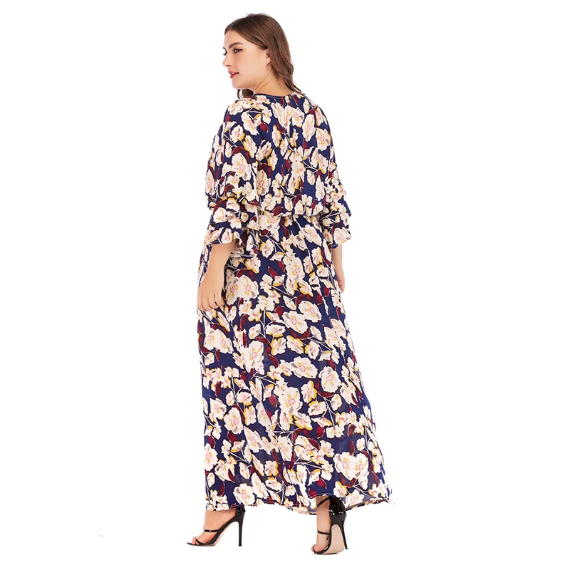 

Fashion Muslim Dress Dubai Turkey High-Quality Trumpet Sleeve Print Dress Middle East Moroccan Dress Islamic Large Size Women's