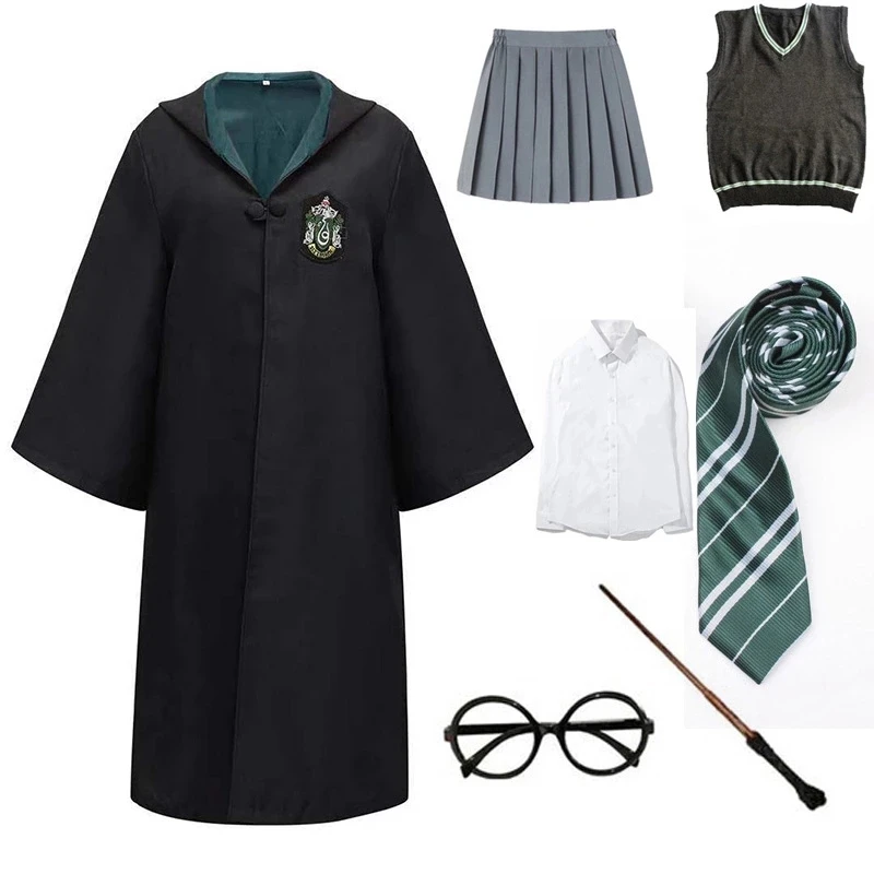 

Adult Kids Slytherin Cosplay Costume Clothes Magic Suits Cloak Wand Tie Scarf Cosplay Accessories Children Halloween Cape Robe
