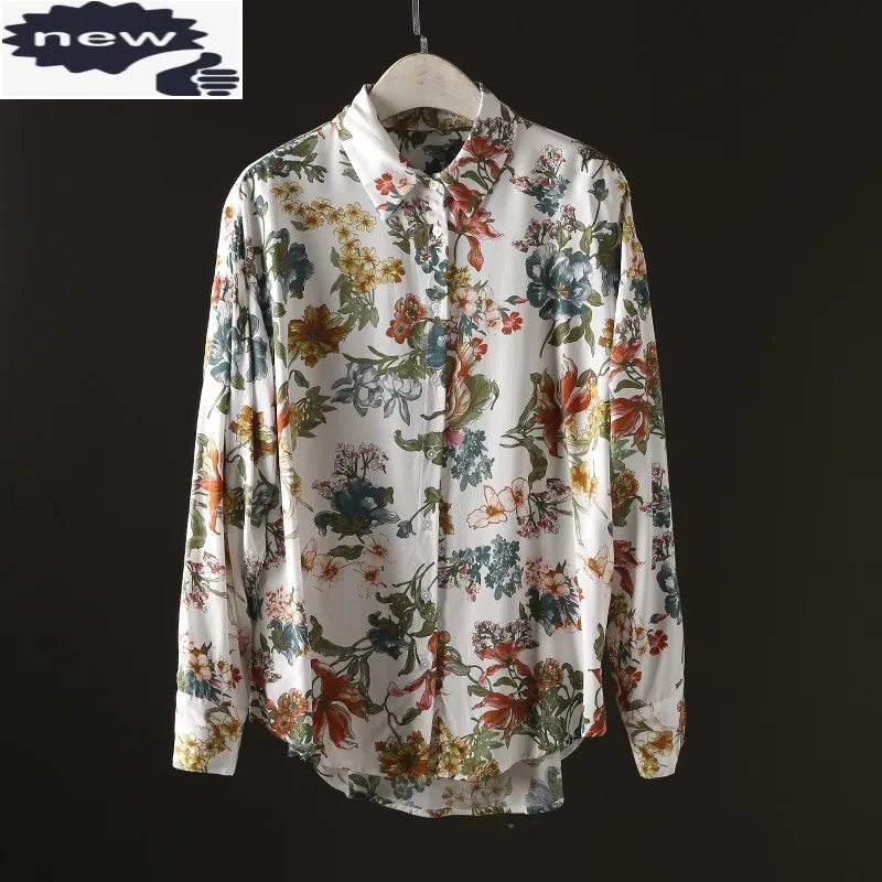Summer Long Sleeve Thin Women Vintage Single Breasted Loose Print Blouse Tops Fashion New Office Lady Floral Shirts