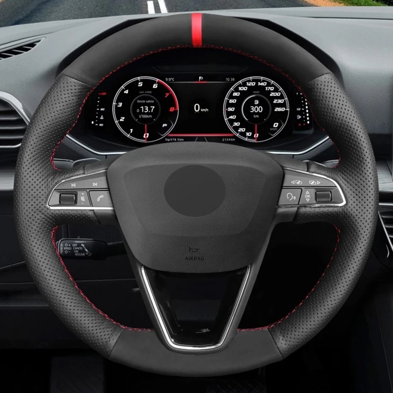 

Car Steering Wheel Cover Black Suede Genuine Leather Braid For Seat Leon 5F Mk3 2013-2019 Ibiza 6J Tarraco Arona Ateca Alhambra