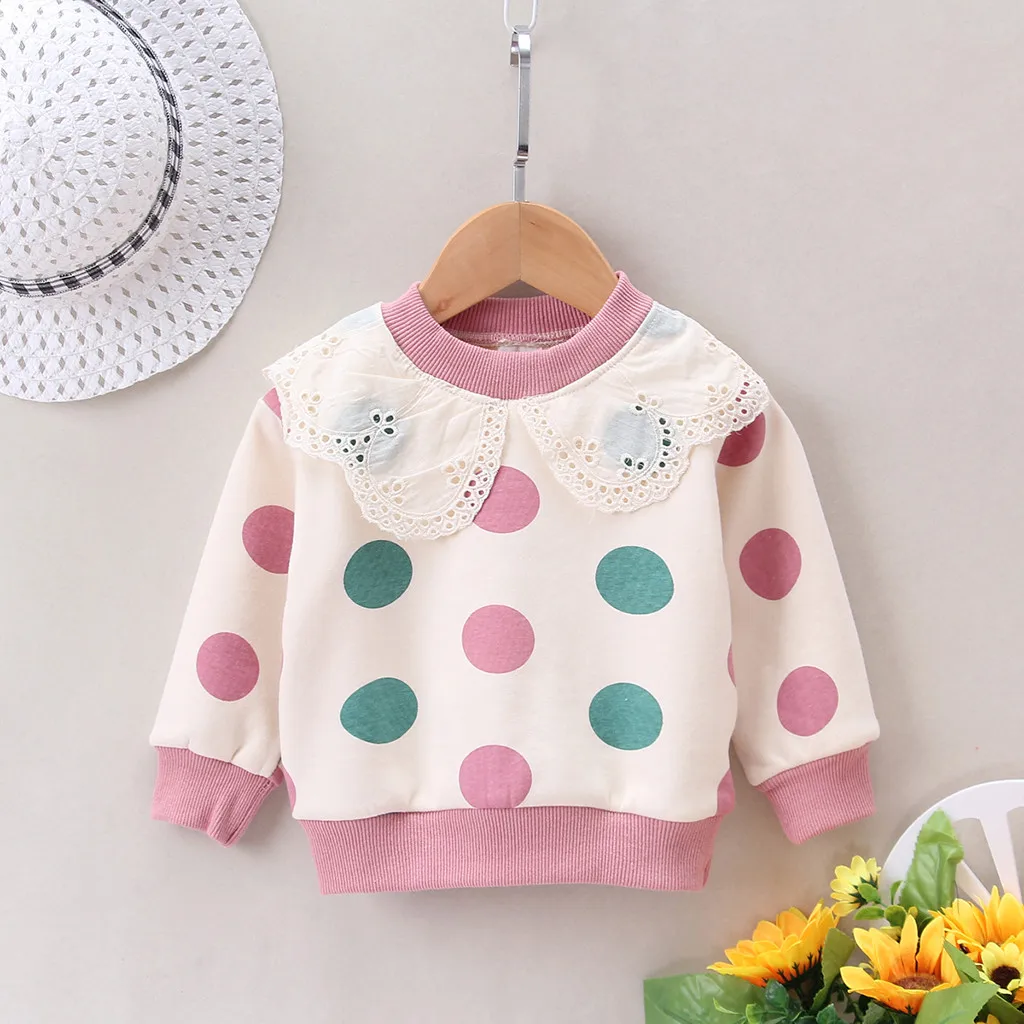 Toddler Baby Kids Girls Ruffles Dot Print Pullover Tops T-shirt Casual Clothes Children's Sweater Hoodie Autumn Winter