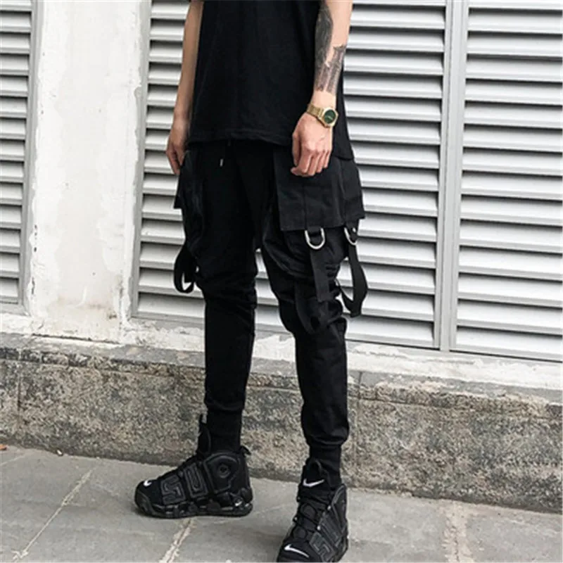 Брюки-карго мужские с боковыми карманами, повседневные Джоггеры в стиле хип-хоп, модные штаны, Повседневная Уличная одежда, черные
