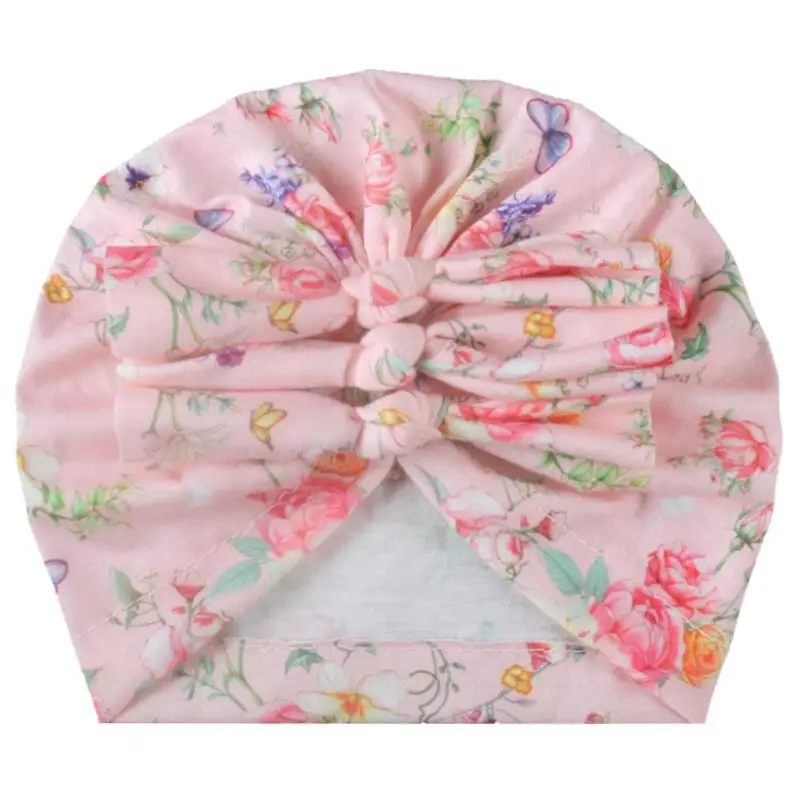 Children's hat Soft Knitted Cloth Pleated Bow Print Hat Baby Pullover |