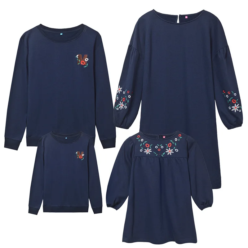 Одинаковая одежда для всей семьи Одежда для мамы и меня одежда для пар высококачественное платье с вышивкой и буфами на рукавах ярко-синего цвета