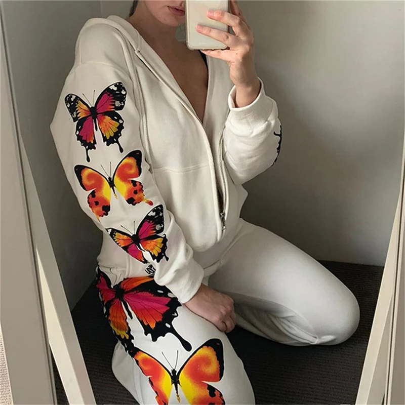 

2pcs Women Tracksuit Butterfly Printed Sport Set Female Clothes Zipper Up Hooded Coats Pants Fashion Streetwear