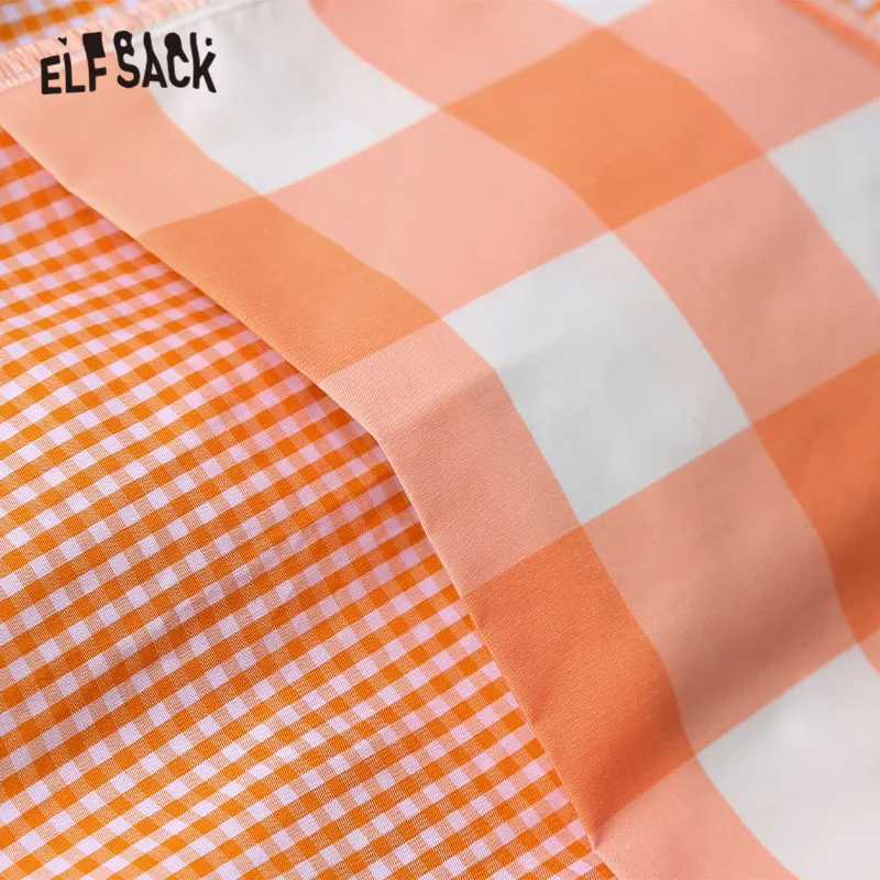 ELFSACK, оранжевое клетчатое платье с карманами, женское платье с цветными блоками, осень, женские повседневные платья с пуговицами спереди и половинным рукавом