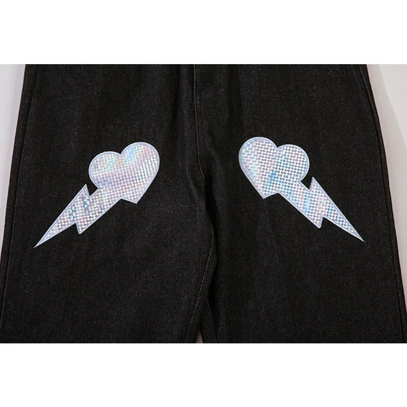 

Aolamegs Jeans Men Hit Color Letter Tearing Heart Embroidery Patch Denim Pant Casual Fashion High Street Trousers Men Streetwear