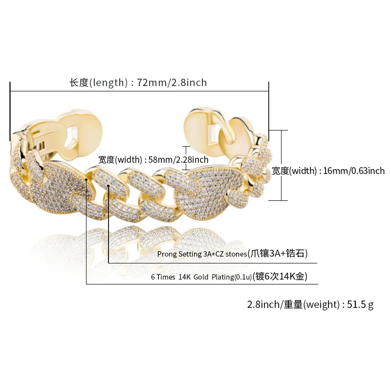 

16mm Openable Hip Hop Pave Setting AAA+ Cubic Zircon Stone Bracelets High-quality Cuban Link Chain Bracelet For Men Rapper